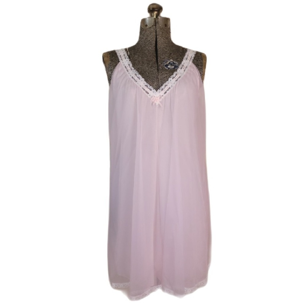 Vintage 60s 70s Baby Pink White Lace Layered Nightgown Mesh Nylon‎ Babydoll S/M